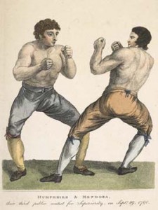 18th-century drawing of two boxers sparring