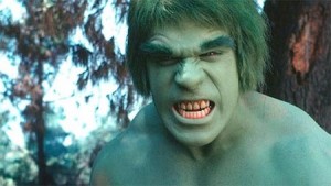 Lou Ferrigno as Hulk, growling at camera