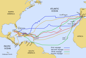 Map showing routes of Columbus' 4 voyages to New World